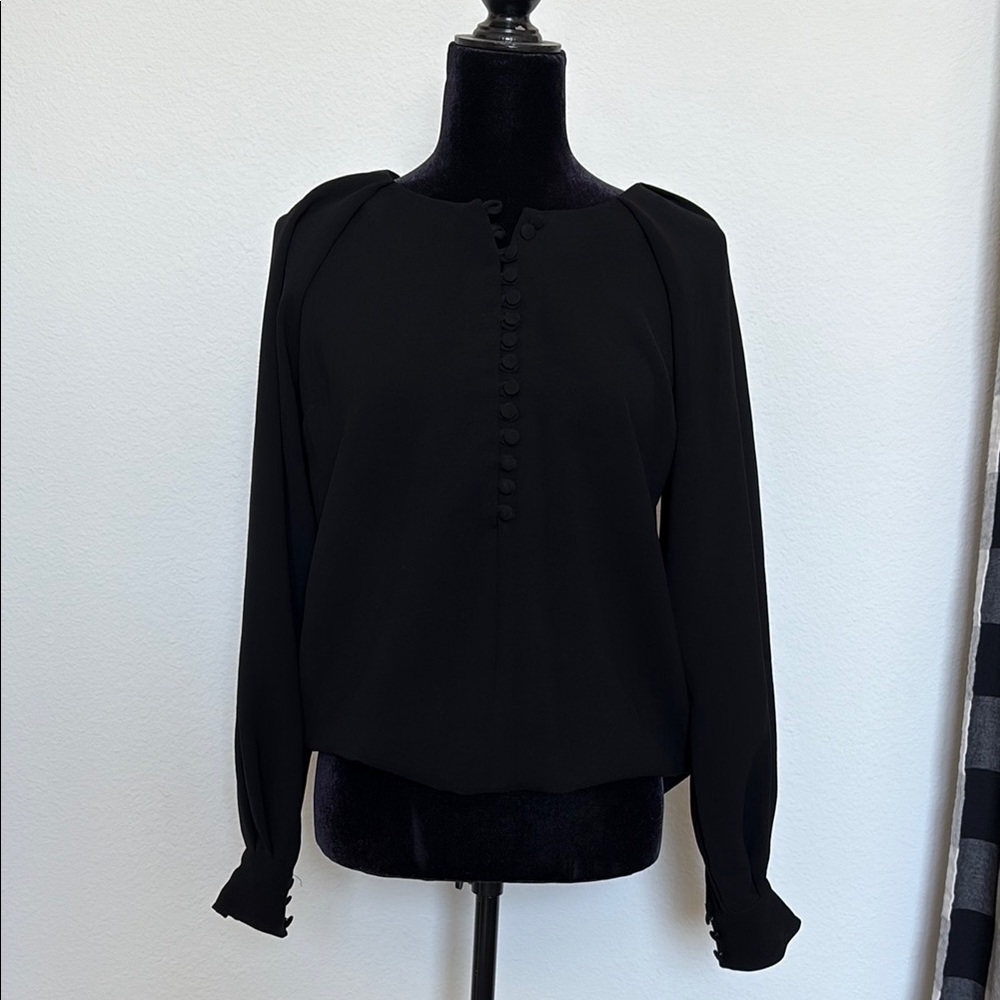 Black Puff Sleeve Ruffled Blouse with Mandarin Collar